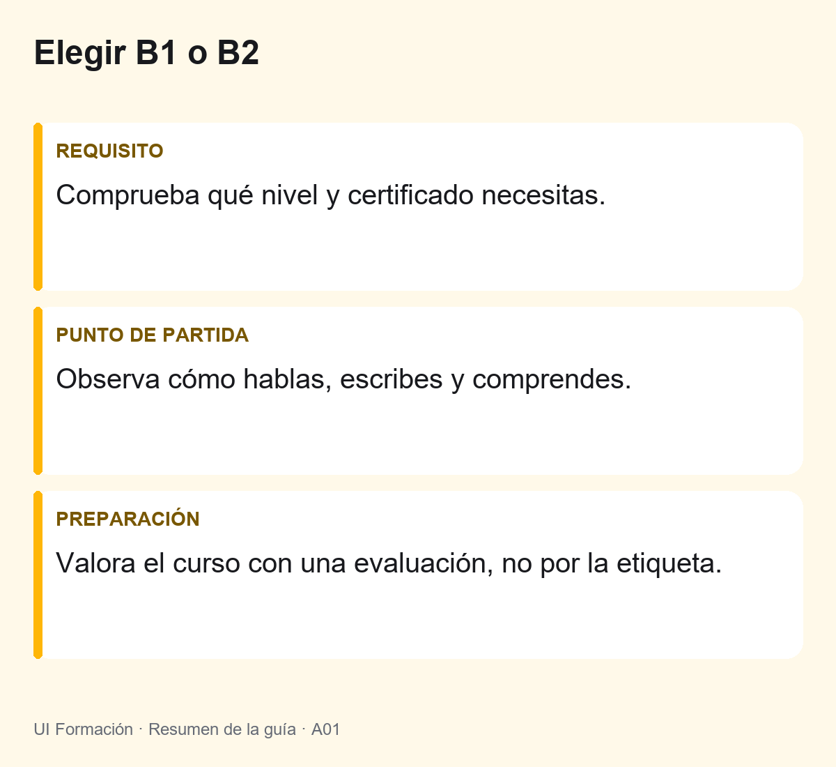 B1 o B2 de inglés: cómo elegir qué nivel preparar 2 Elegir B1 o B2: Comprueba qué nivel y certificado necesitas. Observa cómo hablas, escribes y comprendes. Valora el curso con una evaluación, no por la etiqueta.