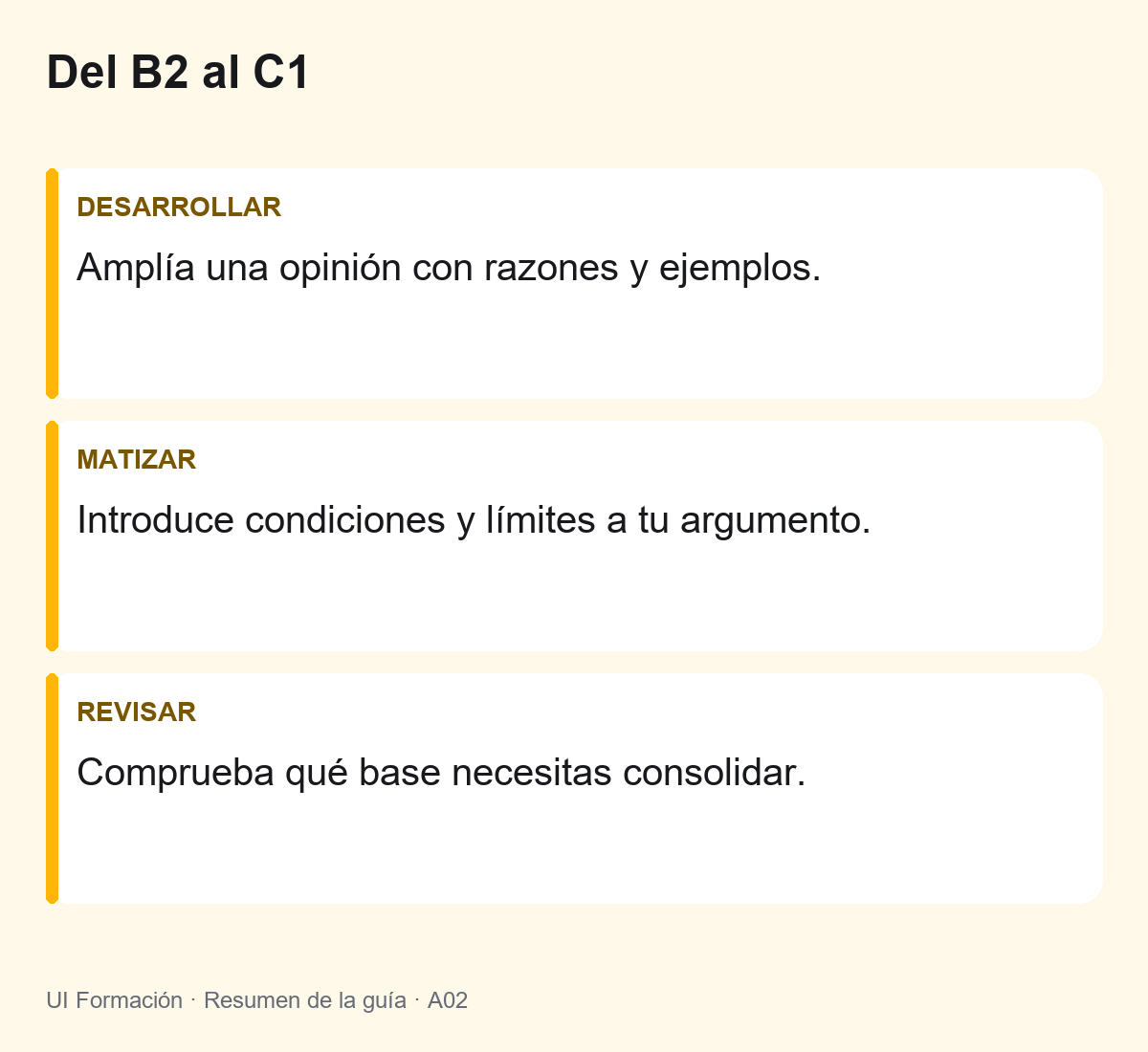 B2 o C1: qué cambia y cuándo dar el siguiente paso 2 Del B2 al C1: Amplía una opinión con razones y ejemplos. Introduce condiciones y límites a tu argumento. Comprueba qué base necesitas consolidar.