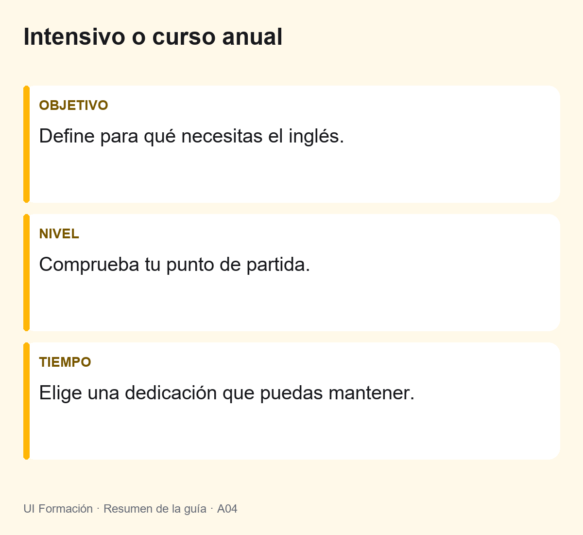 Intensivo de inglés o curso anual: cómo elegir 2 Intensivo o curso anual: Define para qué necesitas el inglés. Comprueba tu punto de partida. Elige una dedicación que puedas mantener.