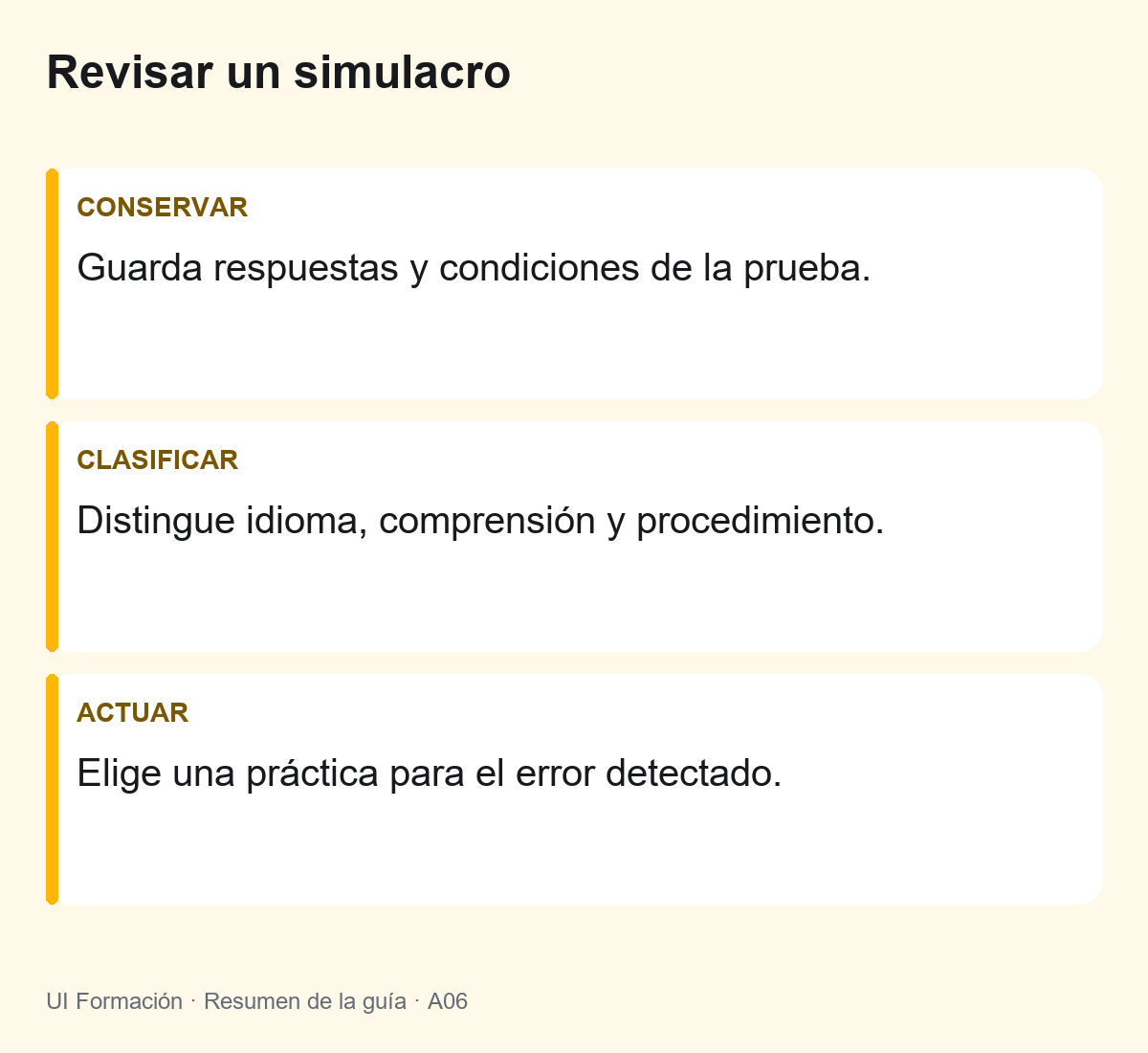 Cómo revisar un simulacro de B2 First 2 Revisar un simulacro: Guarda respuestas y condiciones de la prueba. Distingue idioma, comprensión y procedimiento. Elige una práctica para el error detectado.