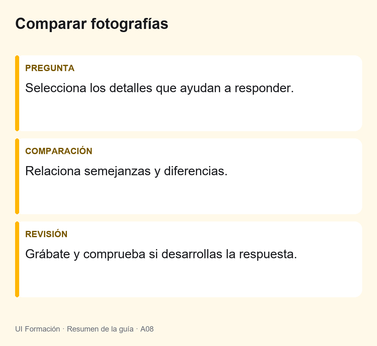 Comparar fotografías: Selecciona los detalles que ayudan a responder. Relaciona semejanzas y diferencias. Grábate y comprueba si desarrollas la respuesta.