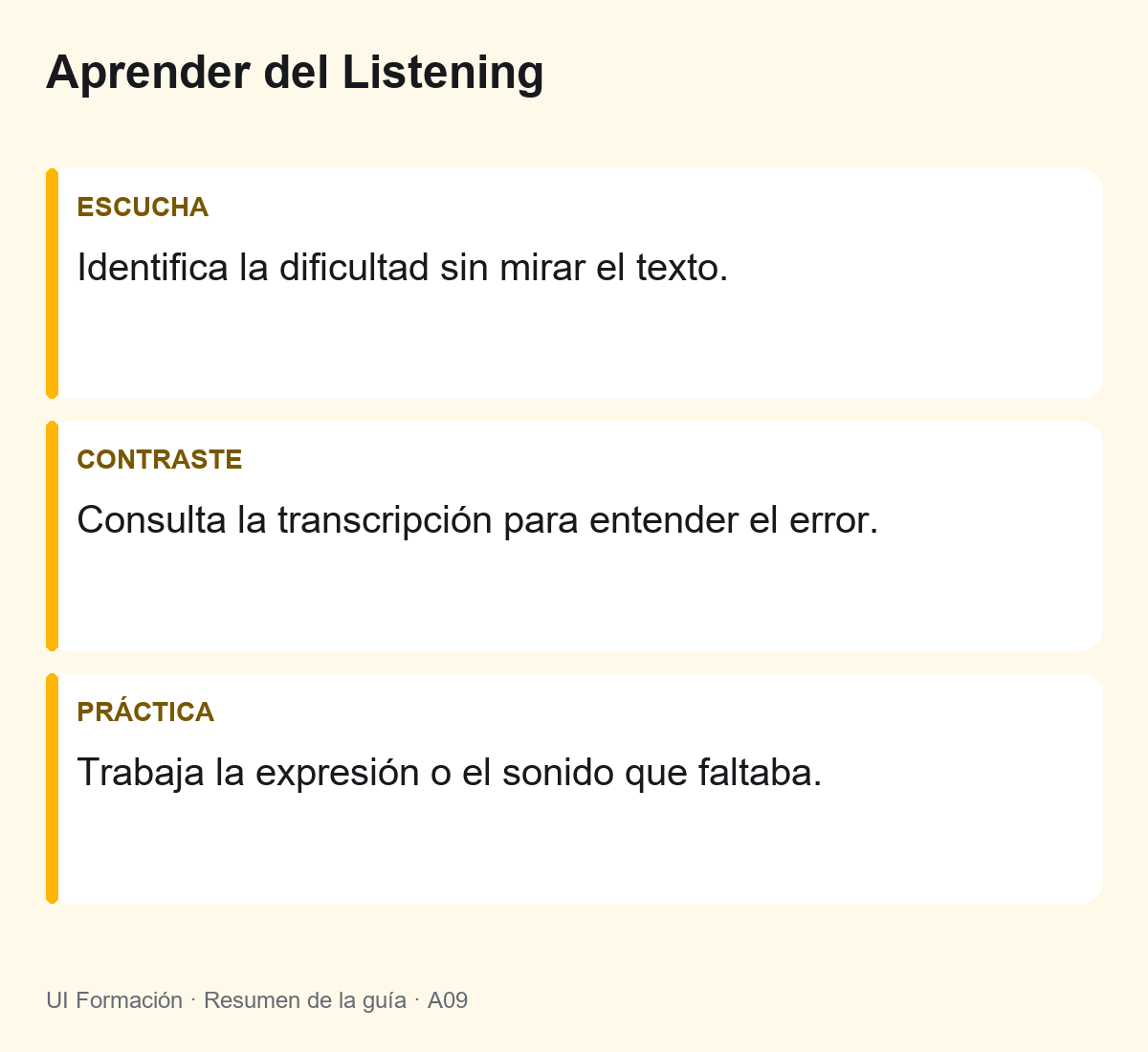 Aprender del Listening: Identifica la dificultad sin mirar el texto. Consulta la transcripción para entender el error. Trabaja la expresión o el sonido que faltaba.