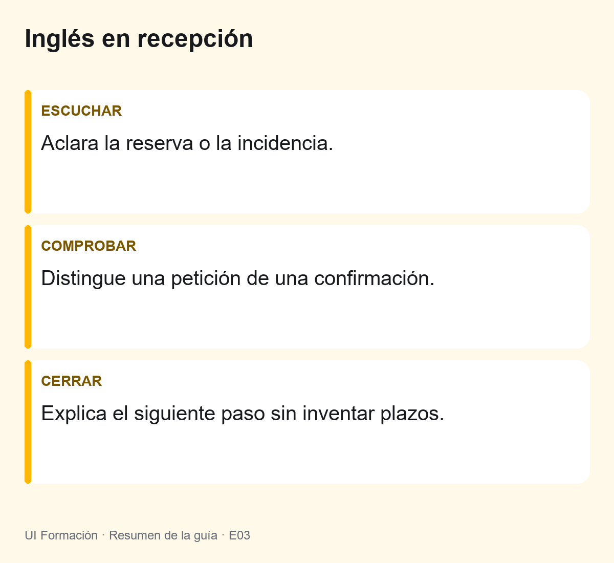 Inglés para hoteles y recepción: situaciones que conviene practicar 2 Inglés en recepción: Aclara la reserva o la incidencia. Distingue una petición de una confirmación. Explica el siguiente paso sin inventar plazos.