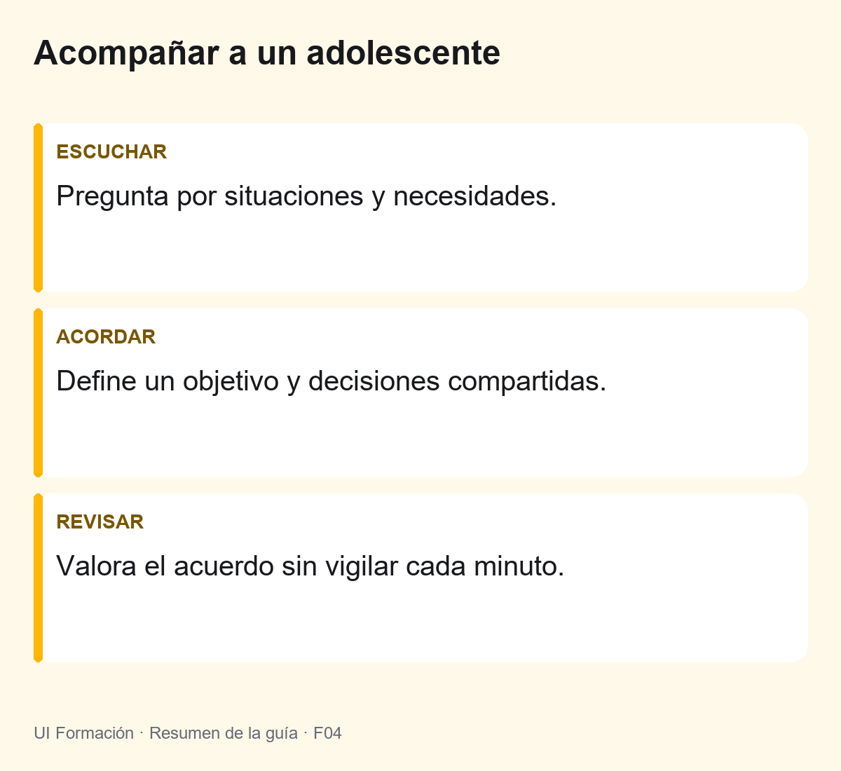 Acompañar a un adolescente: Pregunta por situaciones y necesidades. Define un objetivo y decisiones compartidas. Valora el acuerdo sin vigilar cada minuto.