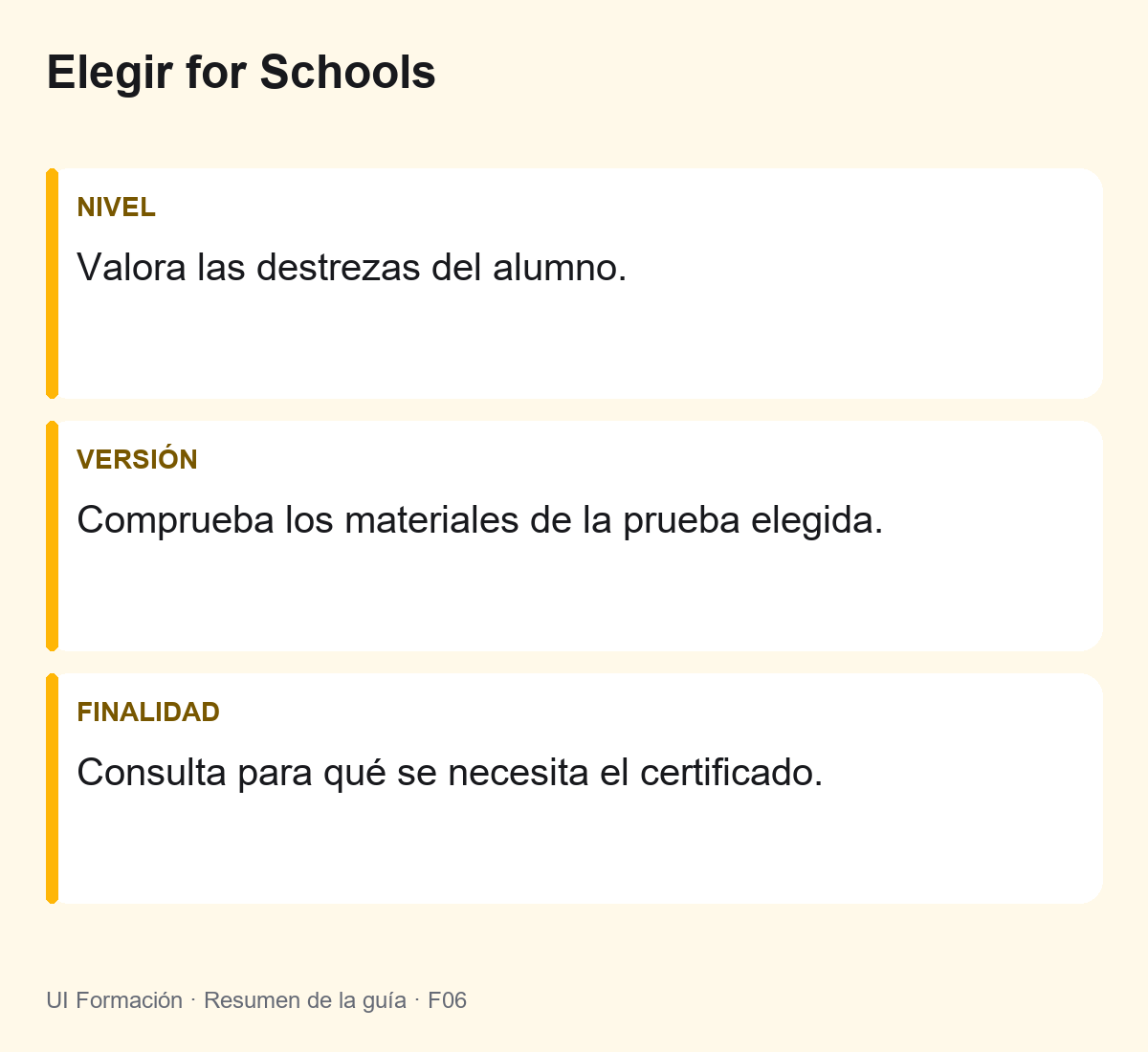 Elegir for Schools: Valora las destrezas del alumno. Comprueba los materiales de la prueba elegida. Consulta para qué se necesita el certificado.
