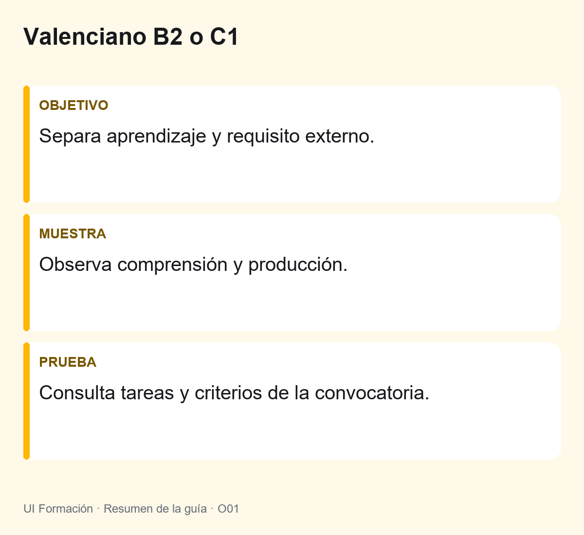 Valenciano B2 o C1: cómo elegir un objetivo de aprendizaje 2 Valenciano B2 o C1: Separa aprendizaje y requisito externo. Observa comprensión y producción. Consulta tareas y criterios de la convocatoria.