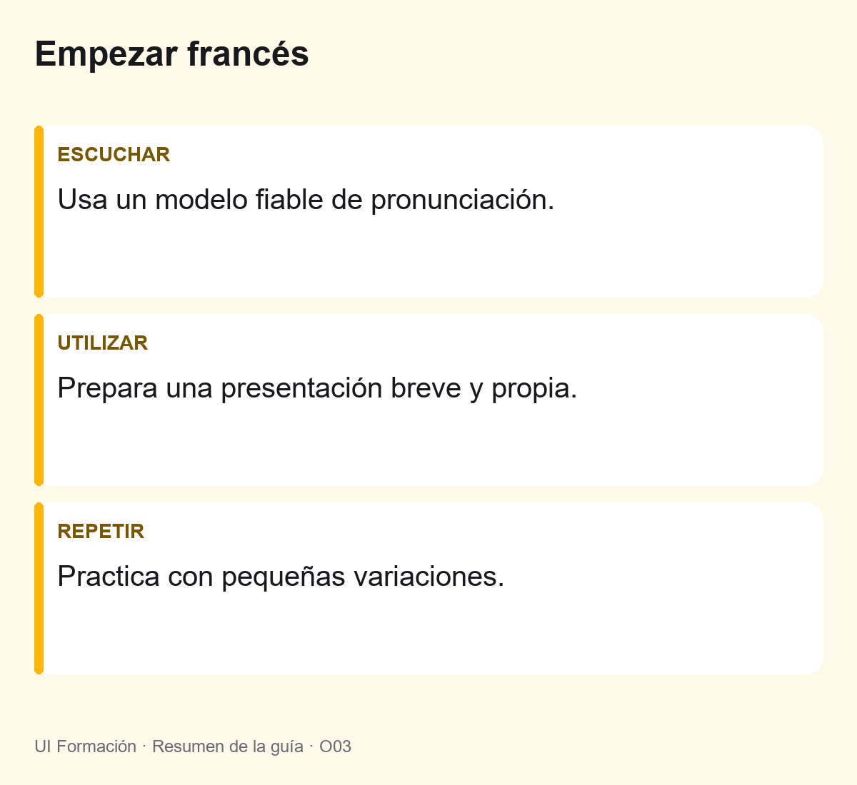Francés desde cero: una primera rutina para empezar 2 Empezar francés: Usa un modelo fiable de pronunciación. Prepara una presentación breve y propia. Practica con pequeñas variaciones.