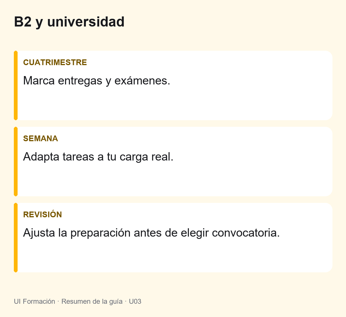 B2 y universidad: Marca entregas y exámenes. Adapta tareas a tu carga real. Ajusta la preparación antes de elegir convocatoria.