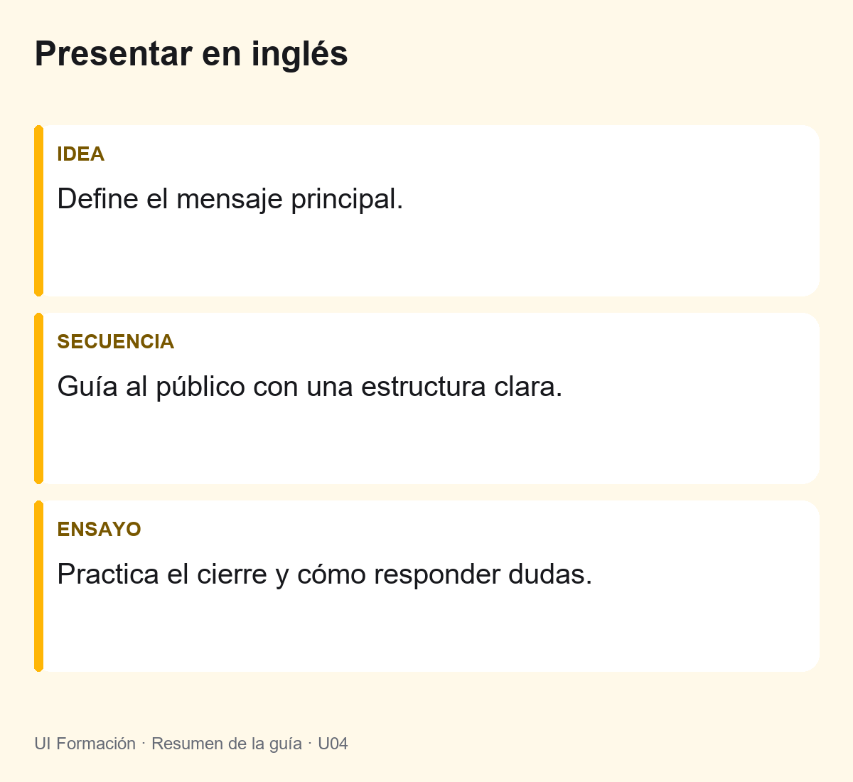 Presentar en inglés: Define el mensaje principal. Guía al público con una estructura clara. Practica el cierre y cómo responder dudas.